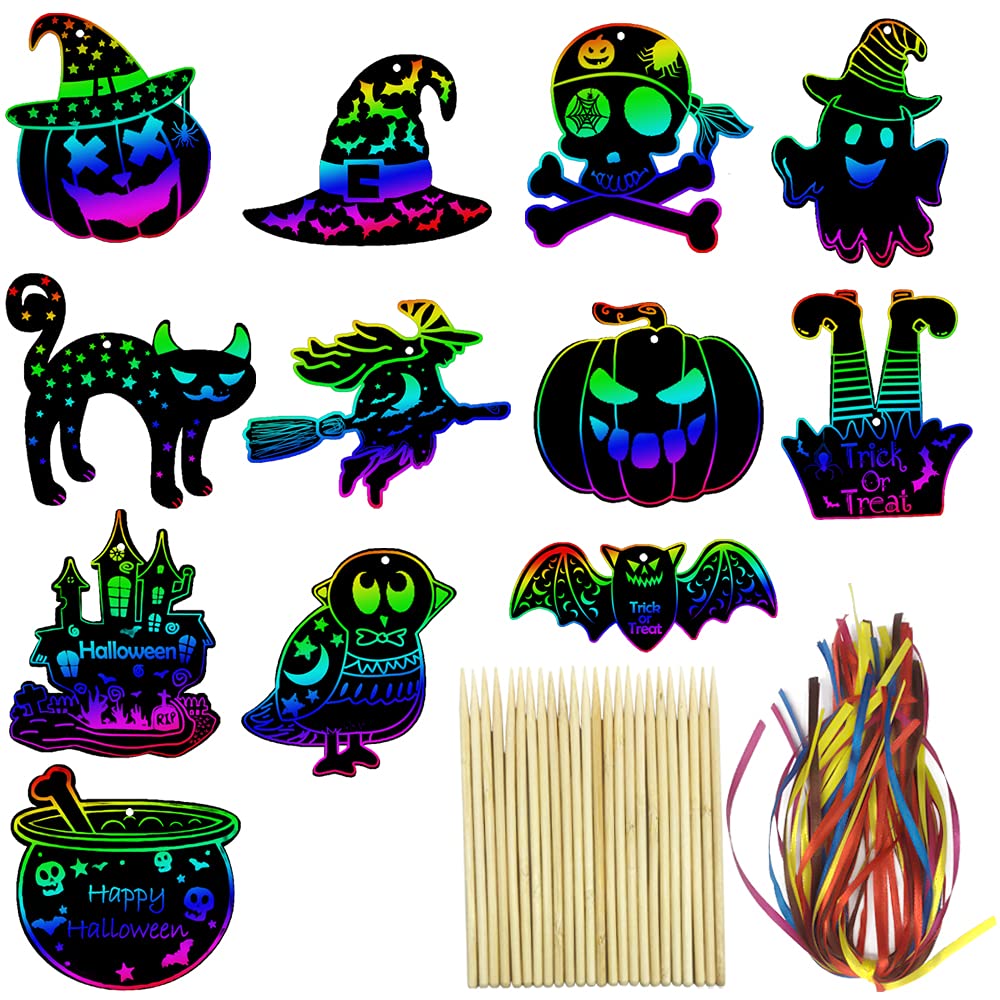 Aviski 48 Pcs Halloween Scratch Paper Rainbow Color Scratch Ornaments Halloween Ornaments Hanging Craft Art Kits with Wooden Stick and Ribbon for Kids Halloween Party Favours Decorations