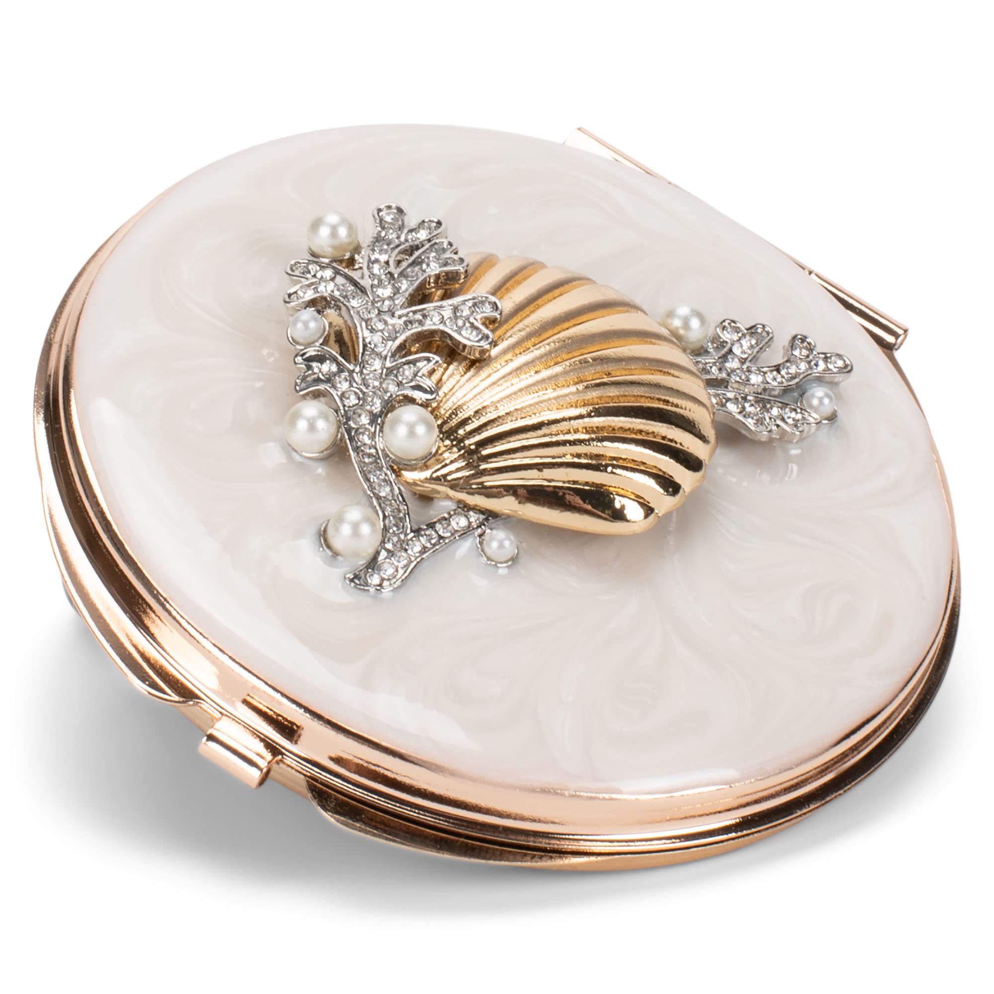Photo 1 of Cottage Garden Hand Painted Golden Metal Enamel Ornamental Vintage Hinged Lid Personal 3 Inch Makeup Beauty Double Sided Compact Travel Mirror with Bejeweled Crystals, Sea Shell