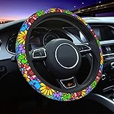 Hippie Flower Steering Wheel Cover Car Accessories Cute for Women Girls Girly Universal 15 Inch Neoprene Auto Interior Decor Anti Slip Car Truck Protector
