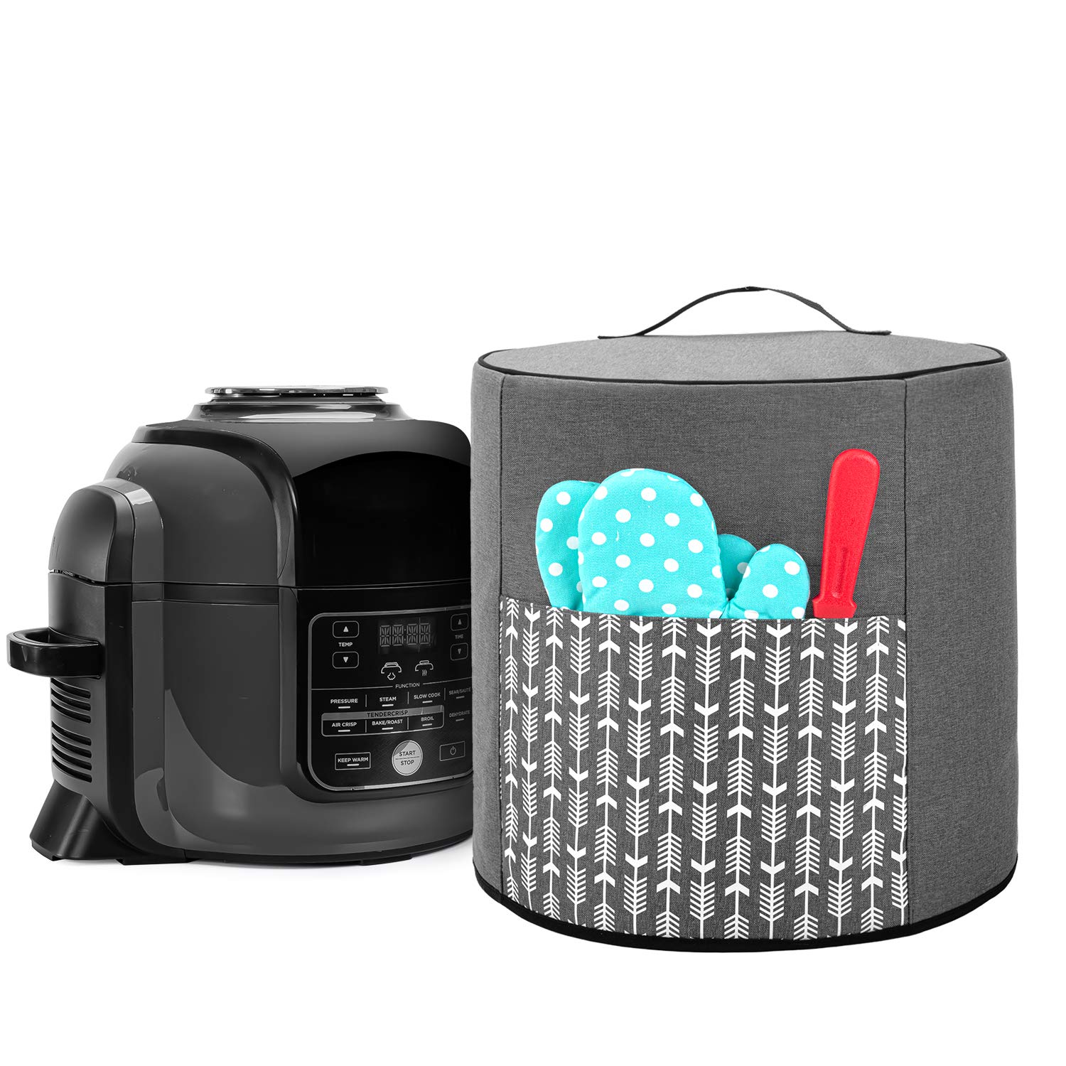 Yarwo Dust Cover Compatible with 6L and 7.5L Ninja Foodi Multi-Cooker OP300UK, OP500UK, Cover for Ninja Electric Pressure Cooker with Top Handle and Pocket for Accessories, Grey with Arrow Pattern