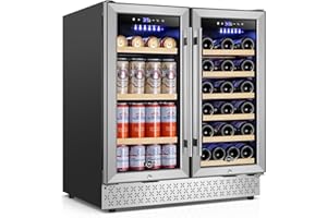 Tylza 30 Inch Wine and Beverage Refrigerator, Dual Zone Wine Beverage Cooler 30" with French Door, Under Counter Wine Beer Fridge Built-In or Freestanding, Holds 29 Bottles and 110 Cans TYBC200