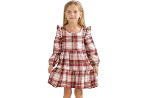 TAGYUM Toddler Baby Girls Dress Plaid Ruffle Flannel Long Sleeve Button Zip A-Line Tiered Dress Fall Winter Outfits
