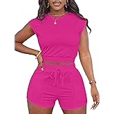 LovelyWholesale Short Sets for Women 2 Piece Summer Sets Cap Sleeve Crop Tops and Shorts Tracksuits Sets