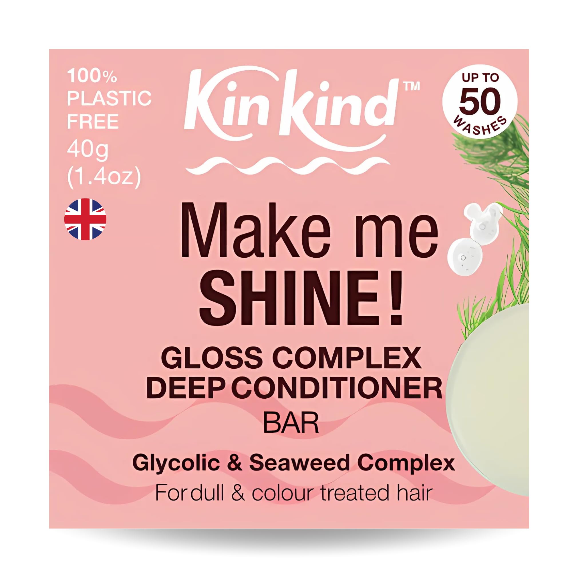 KinKind Deep Conditioner Bar with Gloss Complex. Make me SHINE! Seaweed & Glycolic Gloss Conditioner for Coloured Hair & Dull Hair. Glycolic Acid Leave-In Hair Conditioning Bar UK made, Vegan, 50 wash
