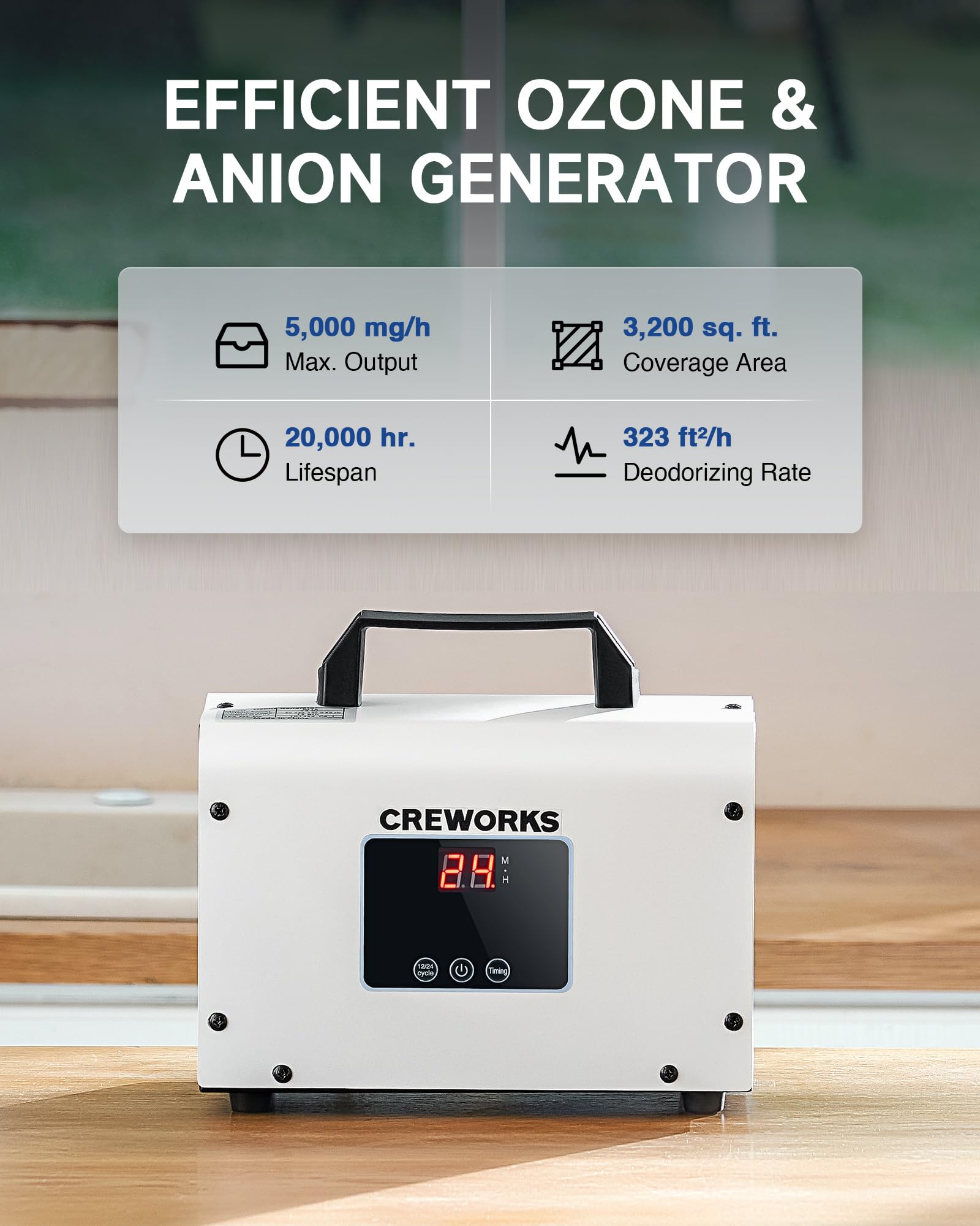 CREWORKS Digital Ozone Generator, 5000 mg/h High Capacity Ozone Machine for Car Home Smoke Pet Odor Removal, Commercial Ozone Odor Eliminator Air Purifier with Adjustable Settings for 3200 sq ft Room