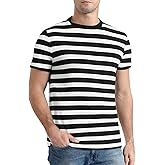 Funny World Men's Casual Cotton Striped T-Shirts Short Sleeve Crewneck Basic Tee