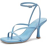 Carcuume Womens Kitten Heels Square Toe Thong Strappy Ankle Strap Stiletto Heel Sandals,CAMILE-BLUE PU-11