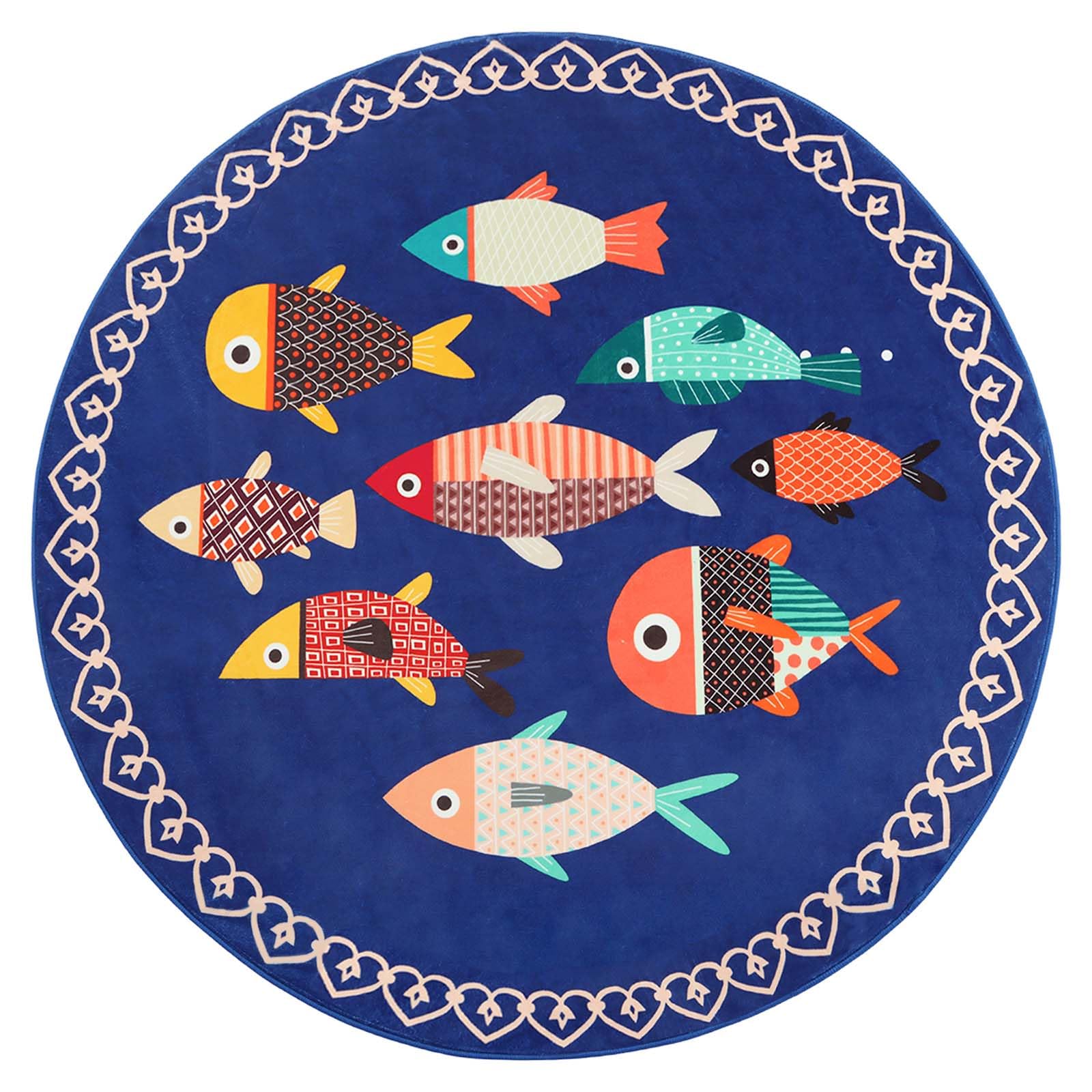 Betadistor Machine Washable Round Rug, 120 cm Non Slip, Navy Blue with Fishes Print Round Rugs, Throw Rug for Living Room, Kitchen, Bathroom, Bedroom Circle Rug, Blue Fishes, 404-09120
