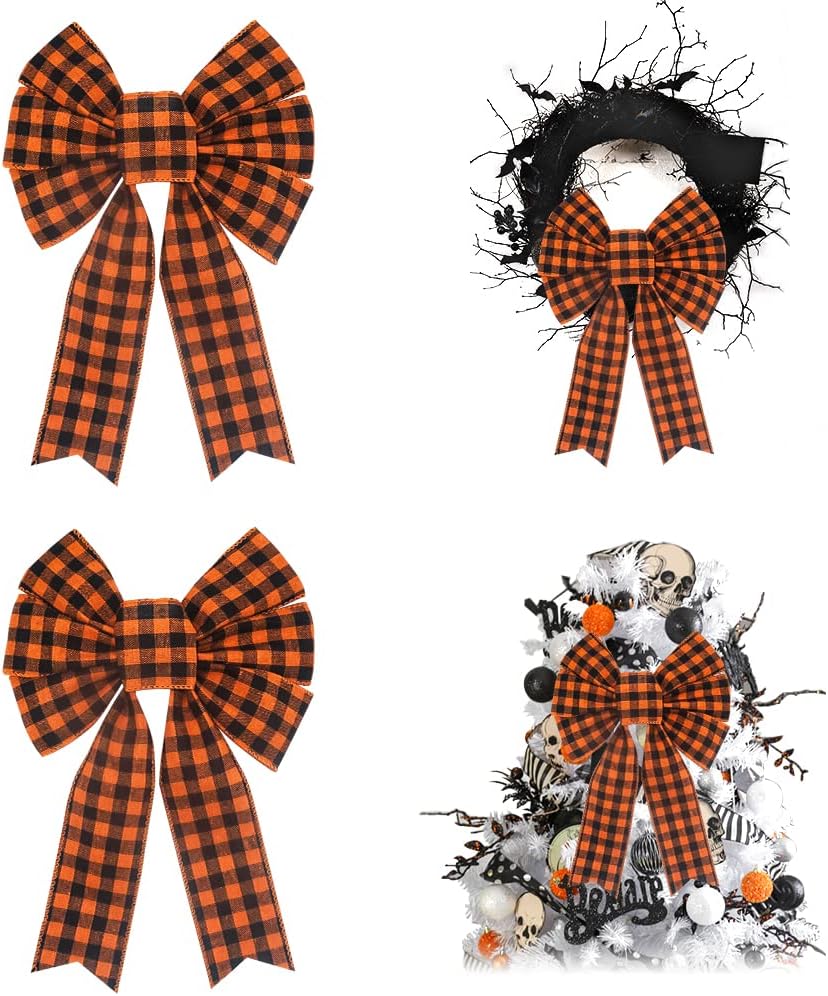 Bows & Ribbons - 2Pcs Halloween Bows for Wreaths, Halloween Wreath Bows, Orange Bows, Buffalo Plaid Bows for Front Door, Halloween Decor, Thanksgiving Fall Burlap Bows for Wreath Indoor Outdoor Wall Decorations