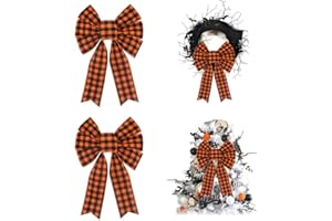 ALIBBON 2Pcs Fall Bows for Wreaths, Fall Wreath Bows, Orange Buffalo Plaid Bows for Front Door, Fall Decor, Thanksgiving Fall Burlap Bows for Wreath Indoor Outdoor Wall Decorations