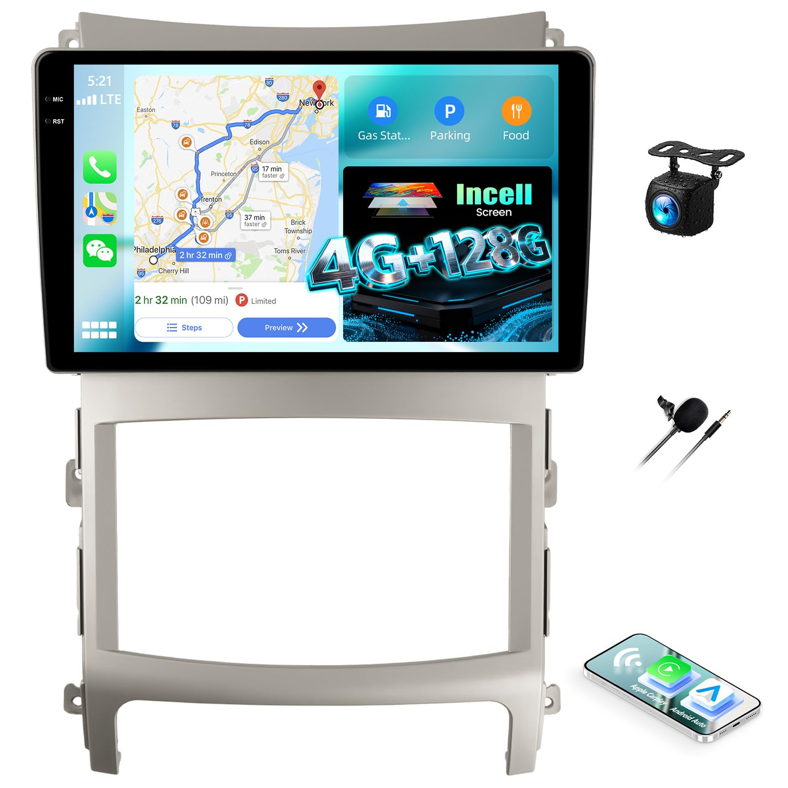 Photo 1 of 4G+128G Car Radio for Hyundai Veracruz 2007-2013 Android Replacement Upgrade Stereo with CarPlay Android Auto 9 Inch Touch Screen Head Unit with Backup Camera Mic