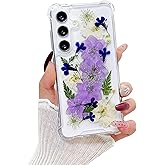 Lewrtser Compatible with Samsung Galaxy S25 Case Cute Pressed Dried Real Flowers Design Women Girly Shockproof Soft TPU Floral Clear Phone Cover for Galaxy S25 (Purple Flower)