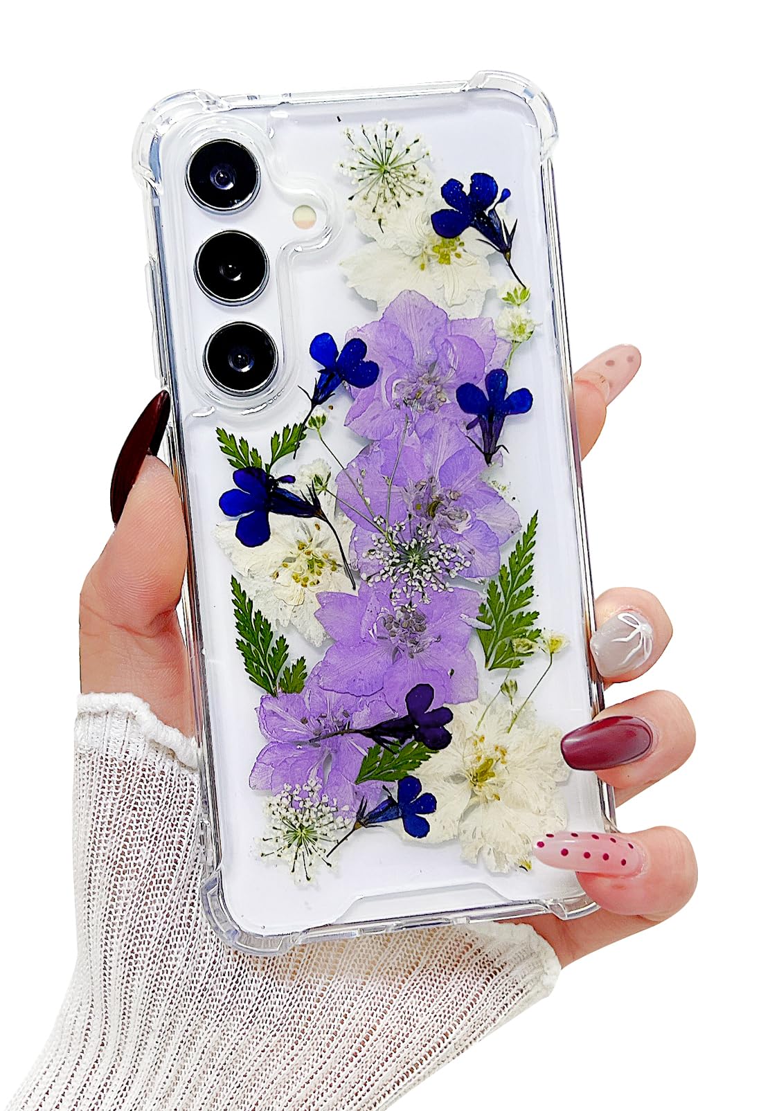 Lewrtser Compatible with Samsung Galaxy S25 Plus Case Cute Pressed Dried Real Flowers Women Girly Shockproof Soft TPU Floral Clear Phone Cover for Galaxy S25+(Purple Flower)