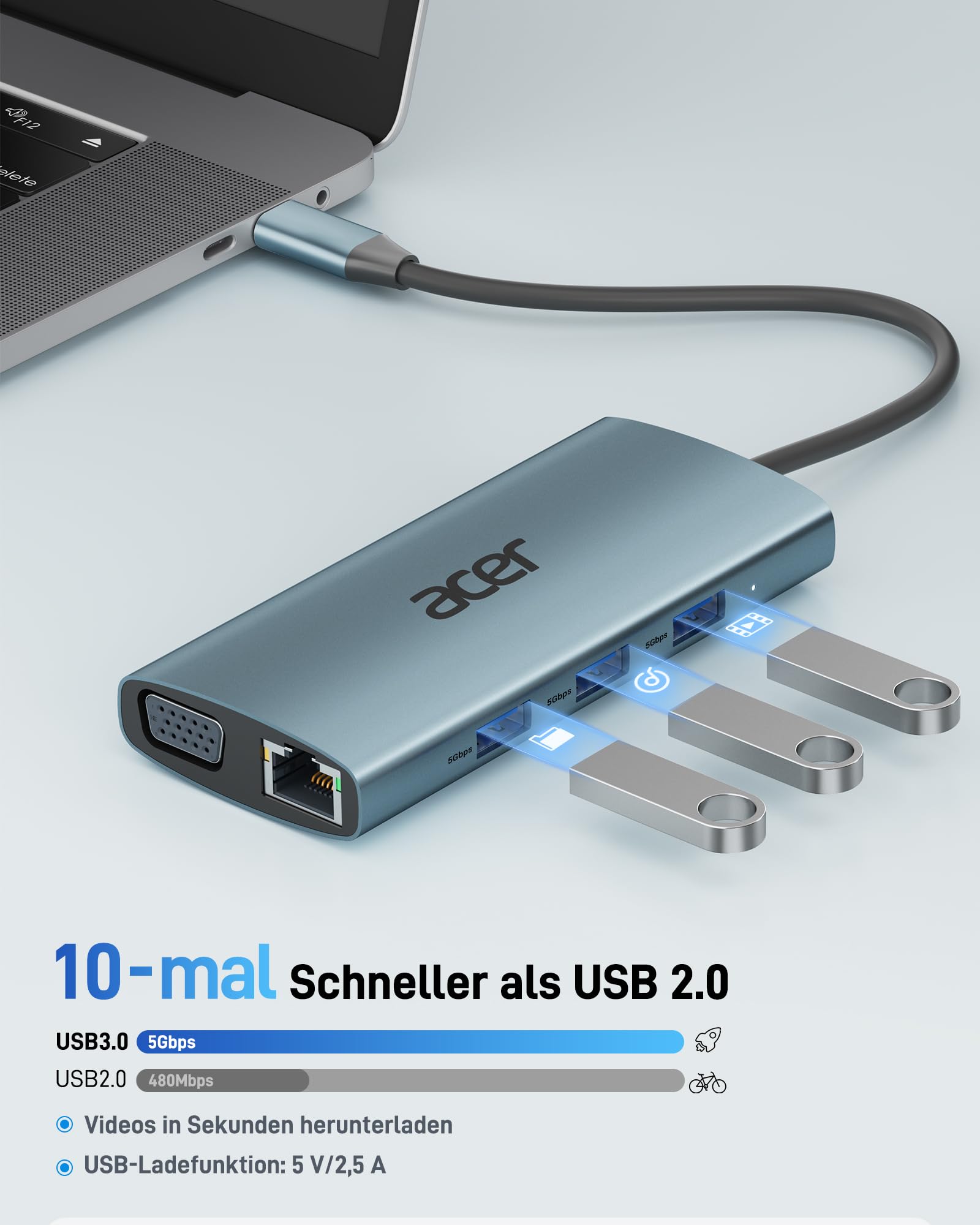 acer USB C Hub Docking Station, 9IN1 USB C zu 4K HDMI, 3xUSB 3.0 5Gbps, 1Gbps Ethernet, 100W PD, VGA, SD Katenleser, Aluminium Multiport Adapter für iPhone 15/16 Serie,MacBook/iPad Pro/Air,S24,Surface 6