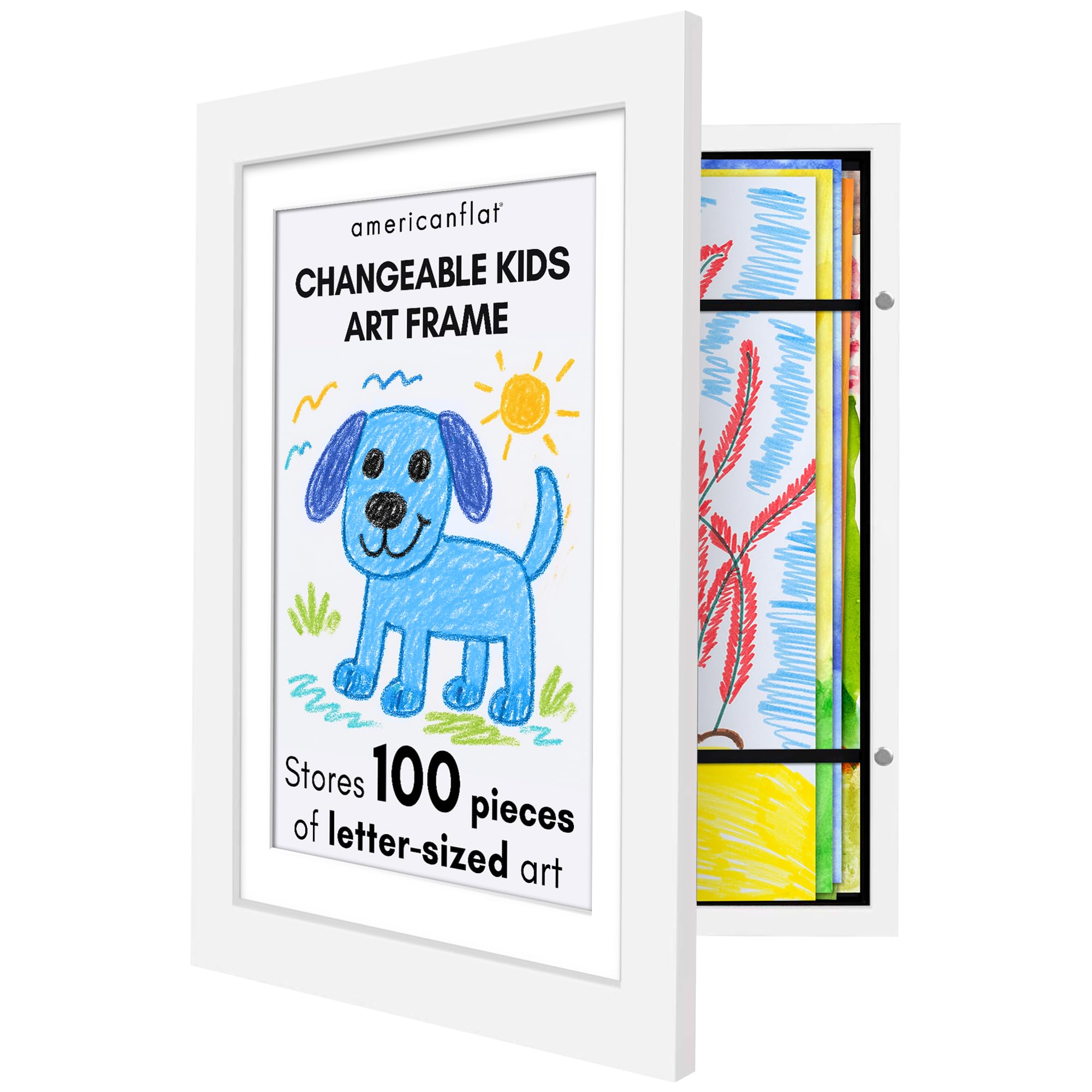 Photo 1 of Kids Artwork Frame Changeable (White) - Magnetic Door Holds 100 Art Pieces - 8.5x11 Letter Size Display with Mat or 10x12.5 Without Mat - My Mini Masterpiece