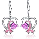 S925 Sterling Silver Breast Cancer Awareness Earrings, Pink Ribbon Dangle Drop Earrings Breast Cancer Survivor Gifts for Women