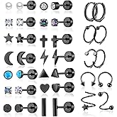 38Pcs Stainless Steel Earrings Set for Women Men 14K Gold Plated Small Flat Back Stud Earrings Hoop Earrings Women Men Hypoallergenic Cubic Zirconia Earrings Cartilage Earrings Rook Daith Tragues Lobe Conch Septum Piercing Jewelry