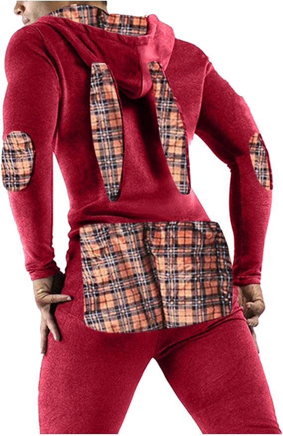 SDCAJA Mens Onesies Hooded Jumpsuit Button Crotch One Piece Pajamas