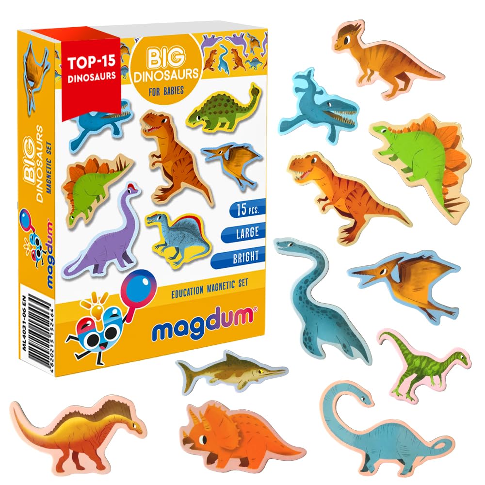Dinosaur Magnets for Kids - Magdum - 15 Large Fridge Magnets - Realistic Dinosaur Learning Toy for Toddlers - Educational Preschool Set - Strong Durable Safe Magnets - Dino Gift