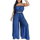 Two Piece Sets for Women Summer Outfits Crop Tops and Wide Leg Pants Sets Sexy Jumpsuits Vacation Outfits with Pockets