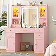 CSZZD Vanity Desk with LED Lighted Mirror, 41.3" Makeup Vanity Table with Power Outlet and Lots Storage, 6 Drawers and Storage Shelves for Bedroom, Dressing Table with RGB Cabinets, Pink