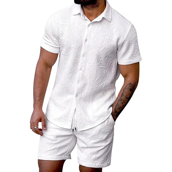 ZSJR Men's Hawaiian Shirt Set Satin Silk Button Down Shorts (2 - Main Image