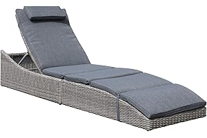 Soleil Jardin Folding Outdoor Adjustable Chaise Lounge Chair with Removable Cushion, Fully Assembled, Patio PE Rattan Reclining Lounger for Pool Beach, Dark Gray
