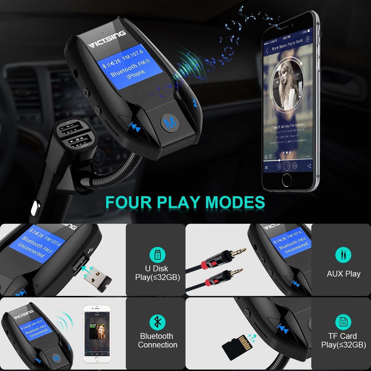 Amazon.com: VicTsing FM35 Bluetooth FM Transmitter/w 3 USB Ports, Wireless in-Car FM Transmitter Radio Adapter Car Speaker,Car Kit, MP3 Player Supports Aux ...