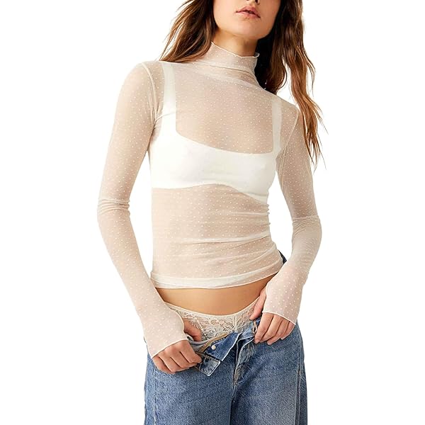 Sheer Mesh Short Sleeve Layering Top for Women Mock Neck Floral