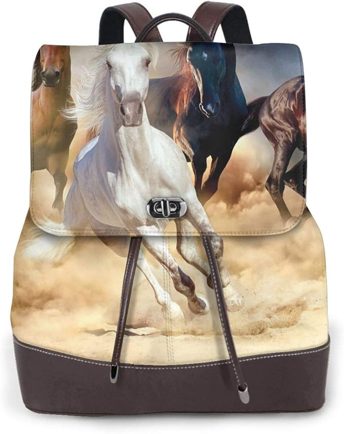 Women'S Leather Backpack,Running Horse In Desert Storm Printed Leather