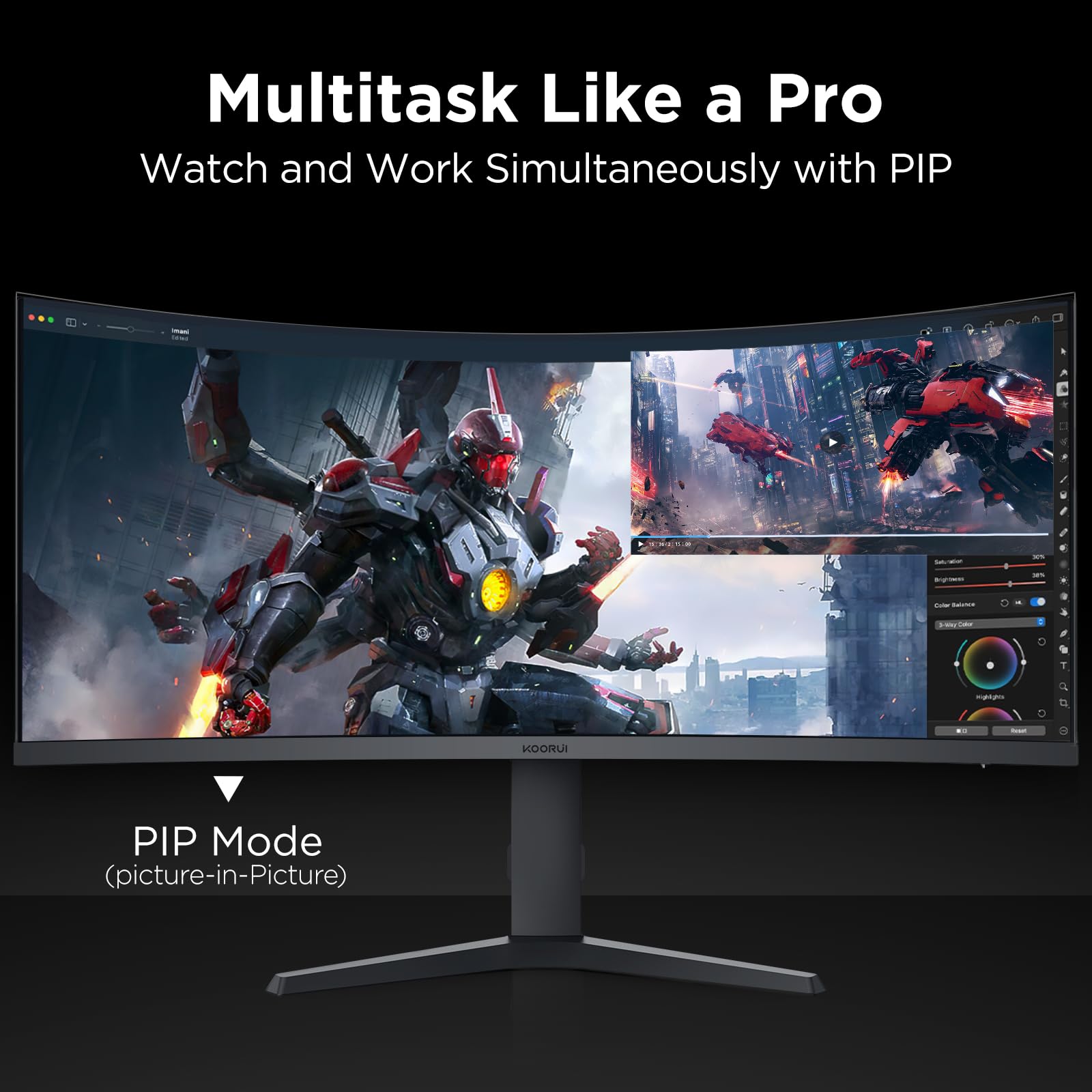 KOORUI 34E6UC 34 Zoll Ultrawide Curved Gaming Monitor, PC Bildschirm 200Hz, 1MS HDR 400, 1000R, UWQHD 3440x1440, Adaptive Sync, 2xHDMI & Display Port, VESA 75x75mm, DCI-P3 90% Höhenverstellbar 9