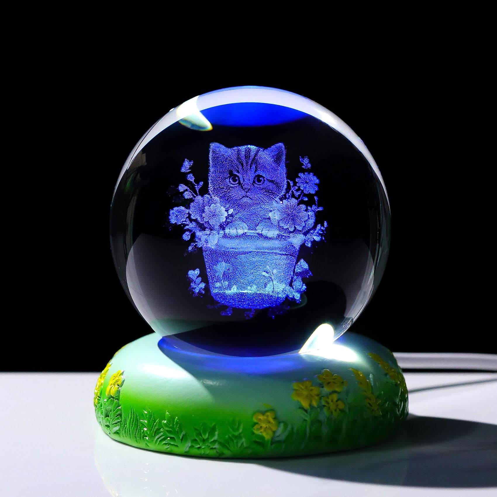 6cm K9 Crystal Ball Engraved 3D Cat and Flower Figurine Paperweight with LED Light Base Cat Ornaments Collectible Gifts for Cat Lovers Women