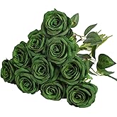 Nubry Artificial Silk Rose Flower Bouquet Lifelike Fake Rose for Wedding Home Party Decoration Event Gift 10pcs (Dark Green)