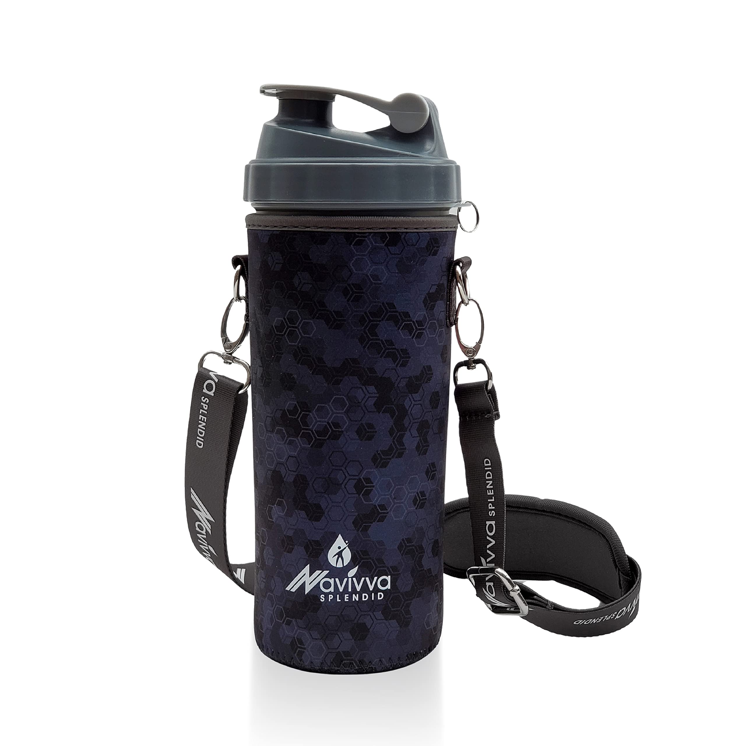NAVIVVA SPLENDID Protein Shaker Bottle in Neoprene Cover with Mixing Ball and Storage, 600 ml, Gym Blender Bottle & Drinking Bottle – portable, great for mixing on the go (Grey Digital)
