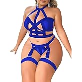 WDIRARA Women's Plus Size Strappy Harness Hollow Out 4 Piece Lingerie Set Criss Cross Bra and Thong Set with Garters