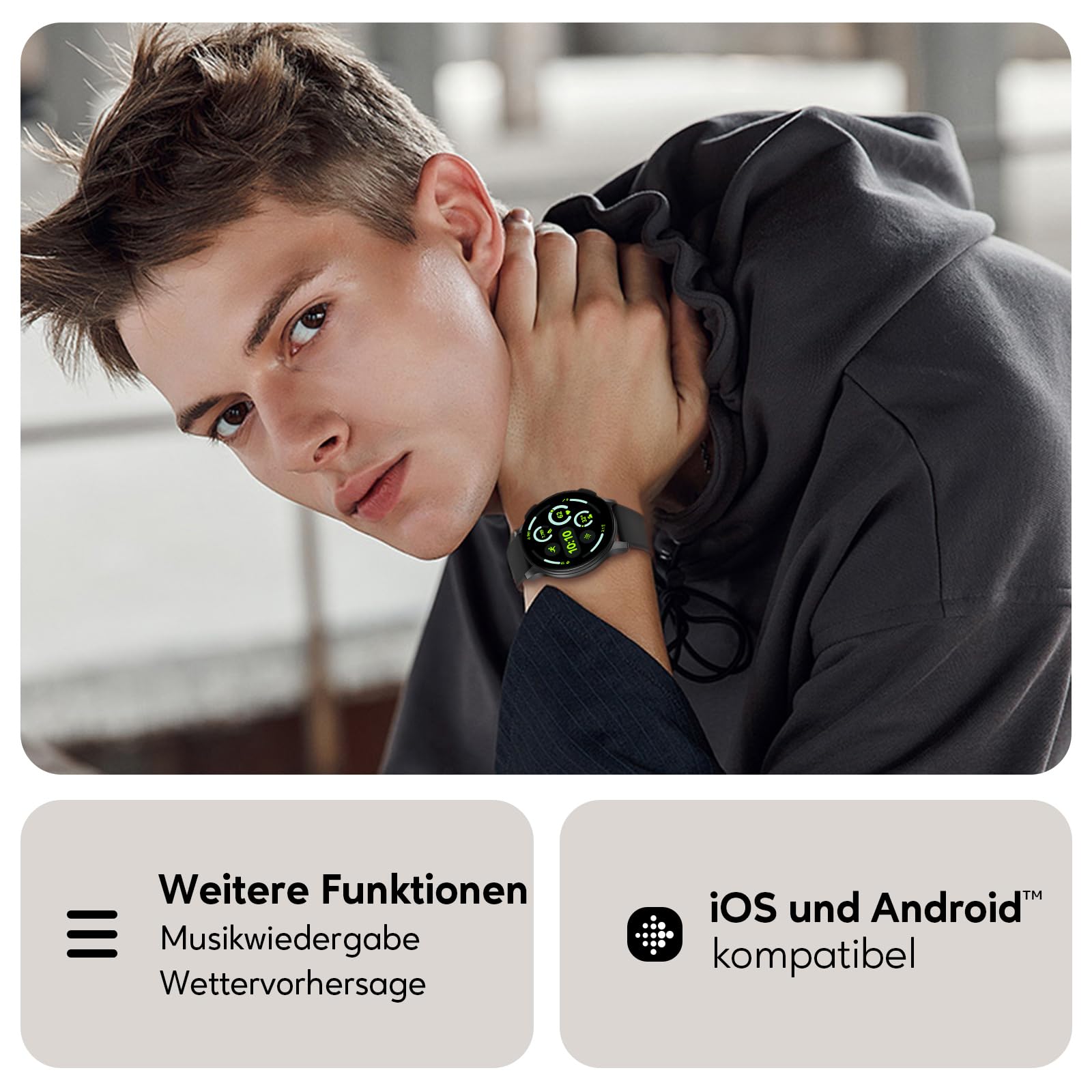 AcclaFit Smartwatch Damen Herren, 1.38 Zoll HD-Display Smart Watch mit Bluetooth Anrufe, Fitness Tracker mit Herzfrequenz SpO2 Schlafmonitor Schrittzähler, IP68 Wasserdicht Fitnessuhr iOS Black 7