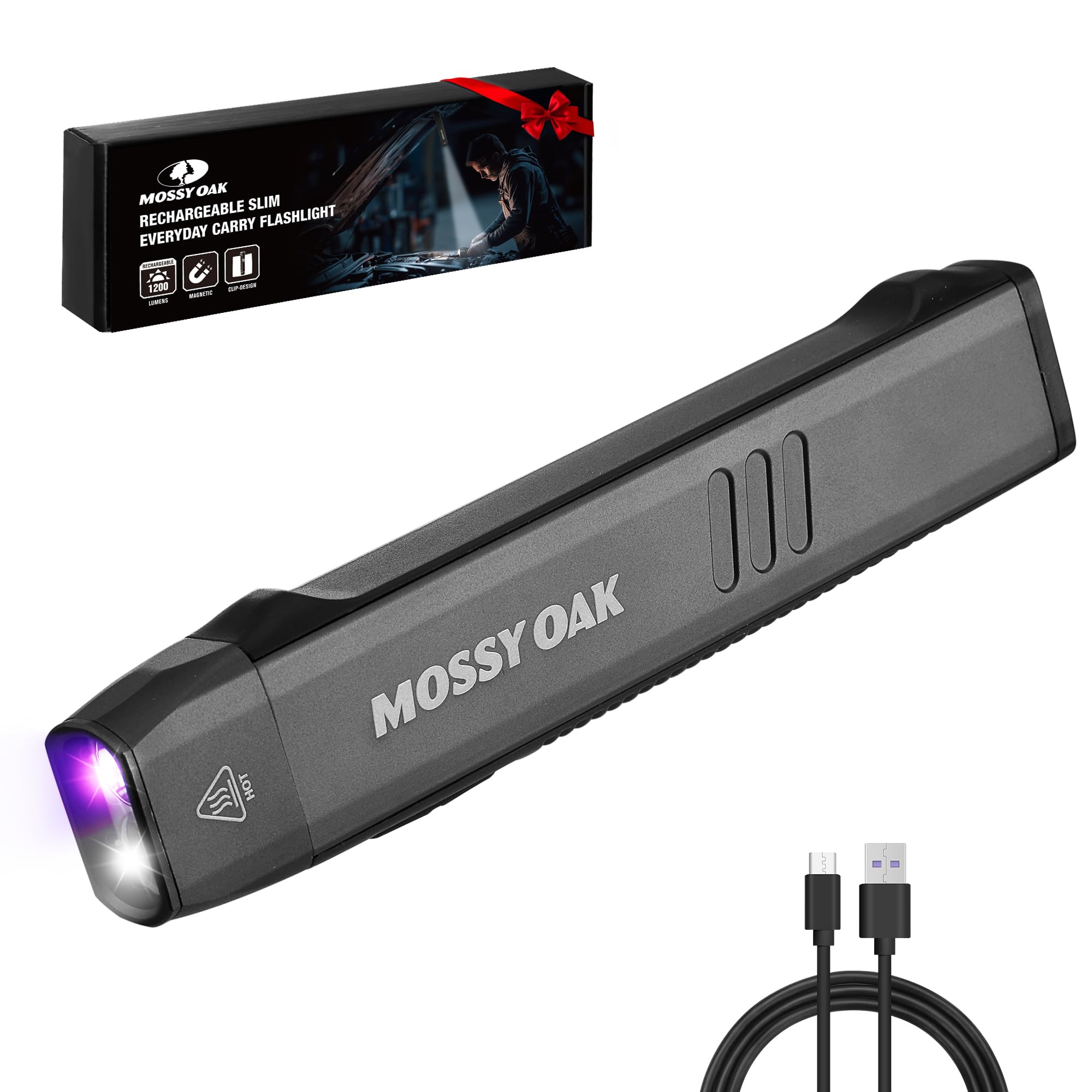mossy oak rechargeable edc flat flashlight 1200 lumens, pocket work light with magnetic base, uv & white light combo, waterproof led inspection light for work and home - idea christmas gift for men