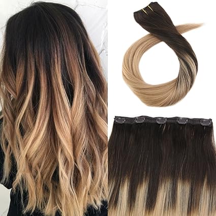 Moresoo 22Zoll/55cm Balayage Clip In Glatt Hair Extensions One Piece Human Hair Extensions Brasilianischen Menschen Haar Brau