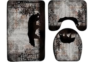 ZKJSMGS Rustic Bear 3 Piece Bathroom Rug Sets,Wildlife Bear Pine Tree Forest Cabin Camping Vintage Wooden Board Retro Country Brown Black 16"x24"Bath Mat,Toilet Seat Cover, U-Shaped Toilet