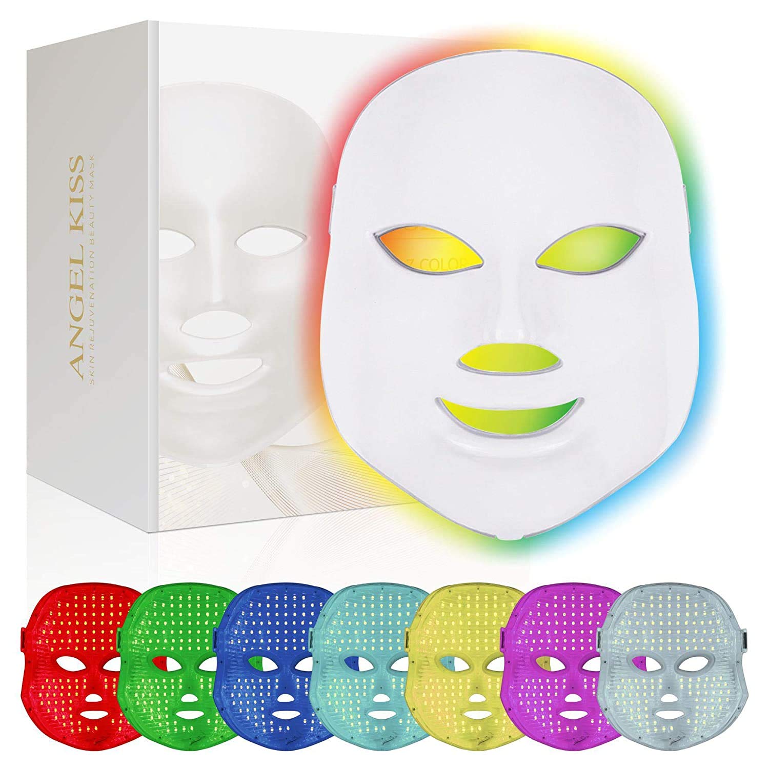 Face Led Mask -Angel Kiss 7 Color Blue Red Light Therapy Photon Mask Facial Skin Rejuvenation Firming Lift PDT Skin Care Mask Anti Aging Skin Tightening Wrinkles Toning Mask