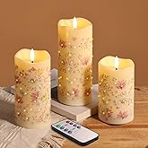 Eywamage Floral Fiber Optic Flameless Pillar Candles with Remote Set of 3 | Flickering Butterfly Fairy LED Candles, 3 AA Batt