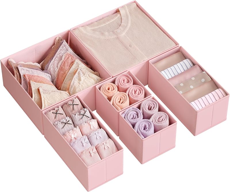 SONGMICS Drawer Organisers Set of 6 Foldable Fabric Storage Boxes Pink RDZ06PK