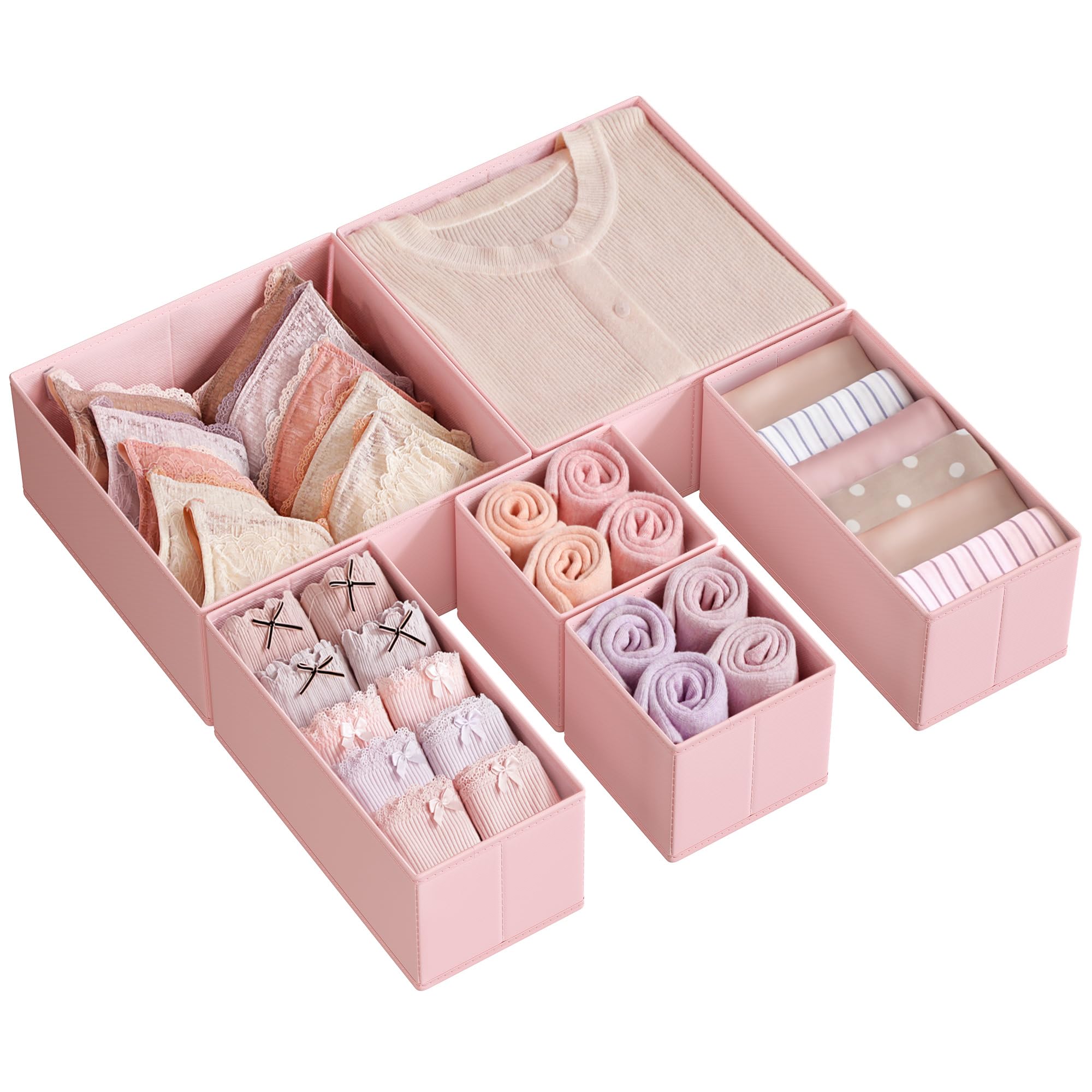 SONGMICS Drawer Organisers, Dresser Dividers, Set of 6, Foldable Fabric Storage Boxes for Socks, Underwear, Bras, Ties, Scarves, Jelly Pink RDZ06PK
