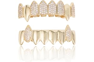 AINTTBY Grillz street Hip Hop personality Gold Shiny Copper gold-plated teeth Grillz Vampire fangs Grills Daily wear Halloween and Party Unisex - Comes With Tweezer & Dental Wax (8002Gold)