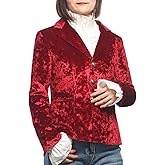 Women's Vintage Velvet Suit Jacket V-Neck Pocket Long Sleeves Dressy Coat Retro Casual Tops