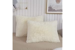 XeGe Faux Fur Throw Pillow Cases, Plush Shaggy Ultra Soft Pillow Covers, Fluffy Crystal Velvet Decorative Pillowcases, Furry Fuzzy Pillow Shams Zipper Closure, Set of 2(Standard, Light Beige)