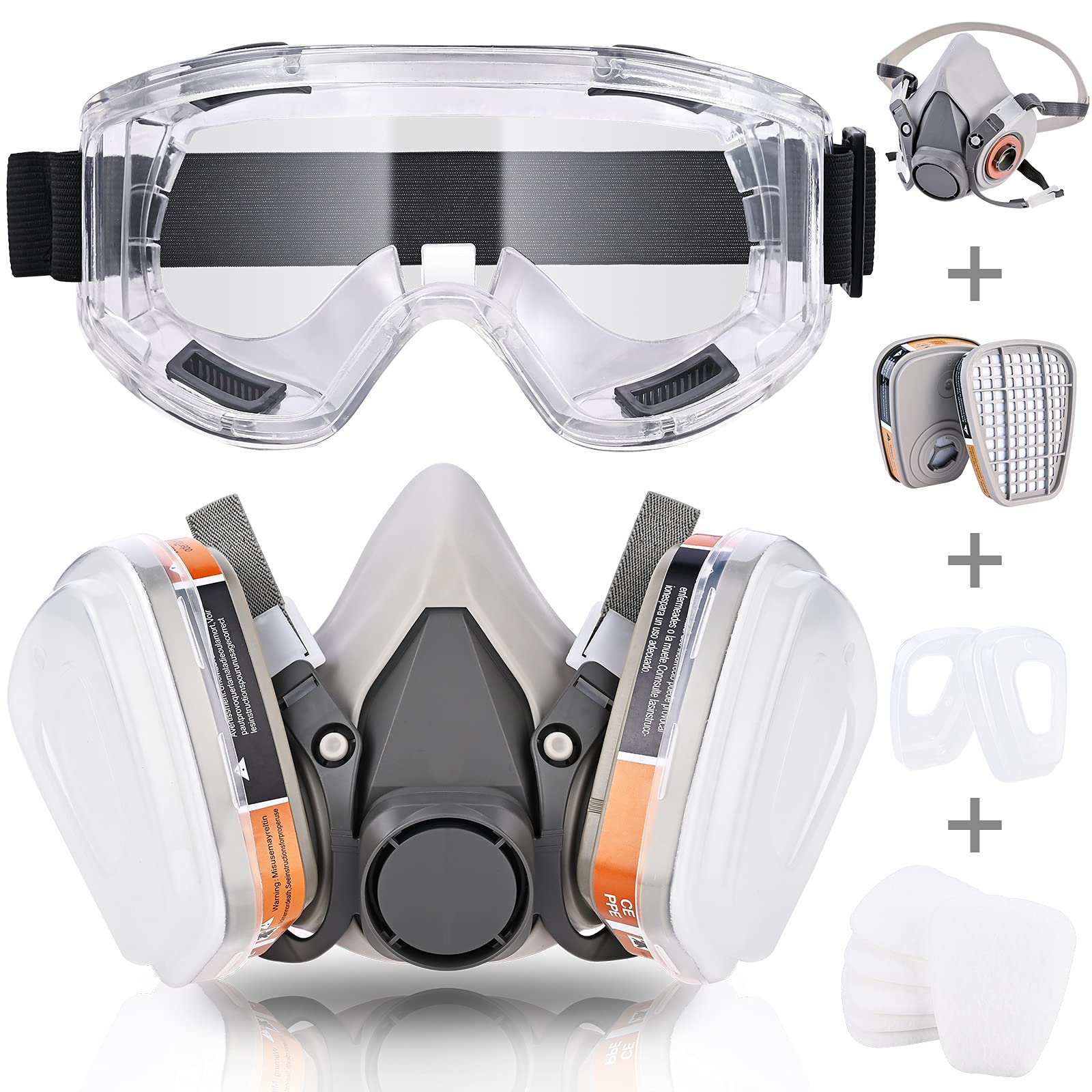 Faburo Respirator Mask, Dust Gas Mask with Filter, Dust Face Cover, Chemical Mask for Dust, Organic Vapors, Chemicals Protection with Safety Goggles