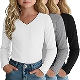 LessonZoo 3 Pack Girls Long Sleeve T-Shirts 5-14 Years Kids Undershirts V Neck Base Layer Basic Lightweight Teen Youth Tops