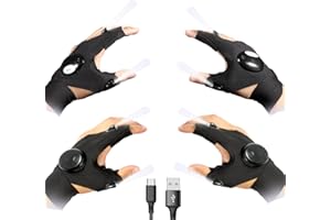 2 Pairs LED Flashlight Gloves, 1 Pair Rechargeable & 1 Pair Uses Batteries, Gifts for Men, Father Day Outdoor Fishing with St
