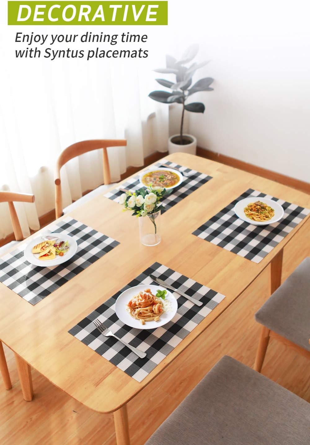Syntus Placemats, Black and White PVC Woven Vinyl Buffalo Check Table Mats Washable Non-Slip Heat Resistant for Kitchen Dinning Table Thanksgiving & Christmas, Set of 4: Home & Kitchen
